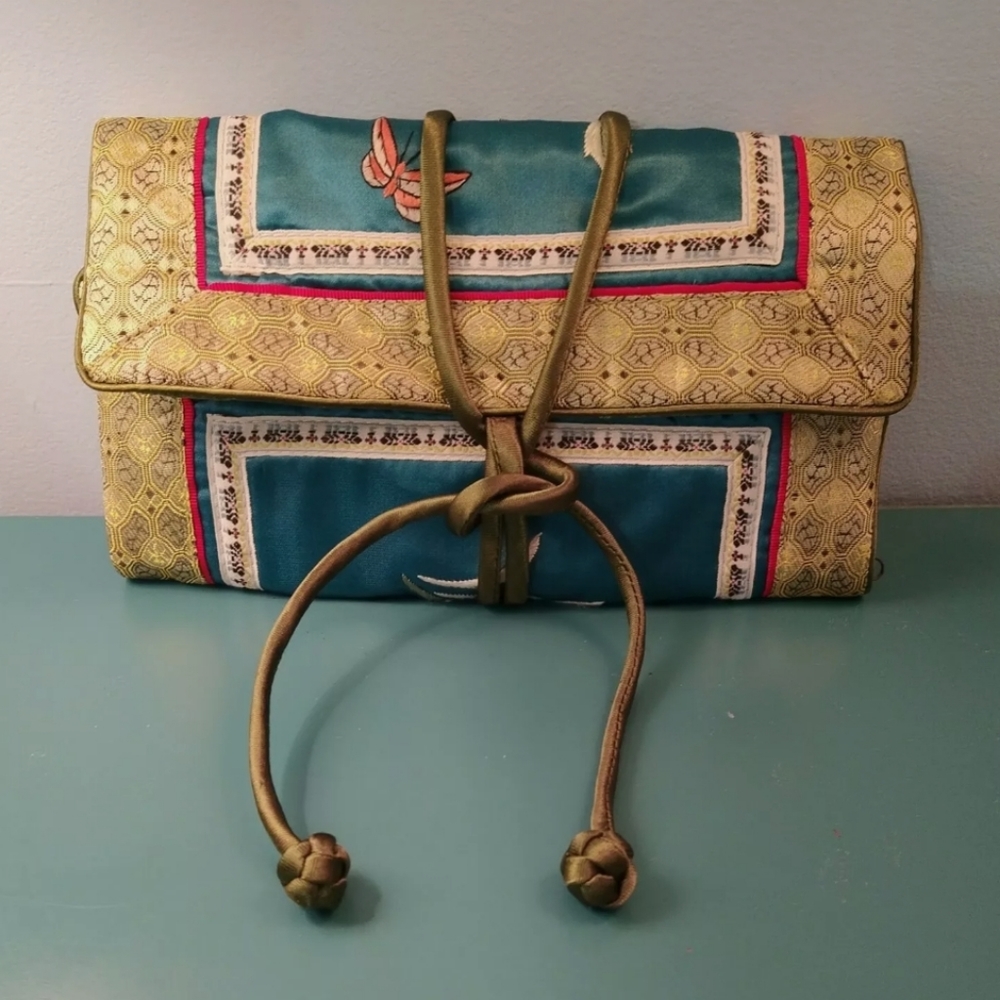 Vintage Brocade Green Silk Hand Embroidered Jewelry Roll - Brand New